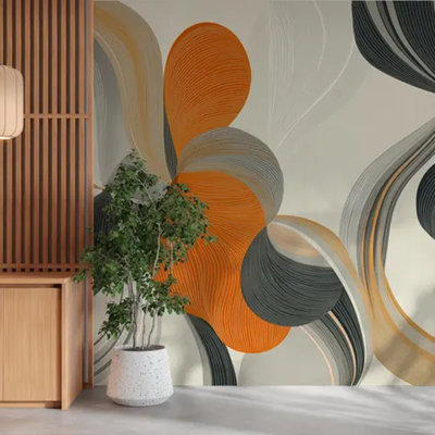 Modern Abstract Flow Wallpaper With Curved Geometric Lines In Orange – Contemporary Mid-Century Inspired Artistic Wall Mural For Living Room, Bedroom & Office