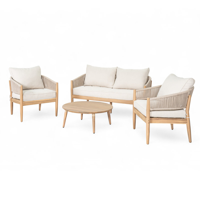 Ensemble de conversation d'extérieur 4 pièces en bois d'acacia avec dossier en corde et coussins Daisy, Brun clair / naturel
