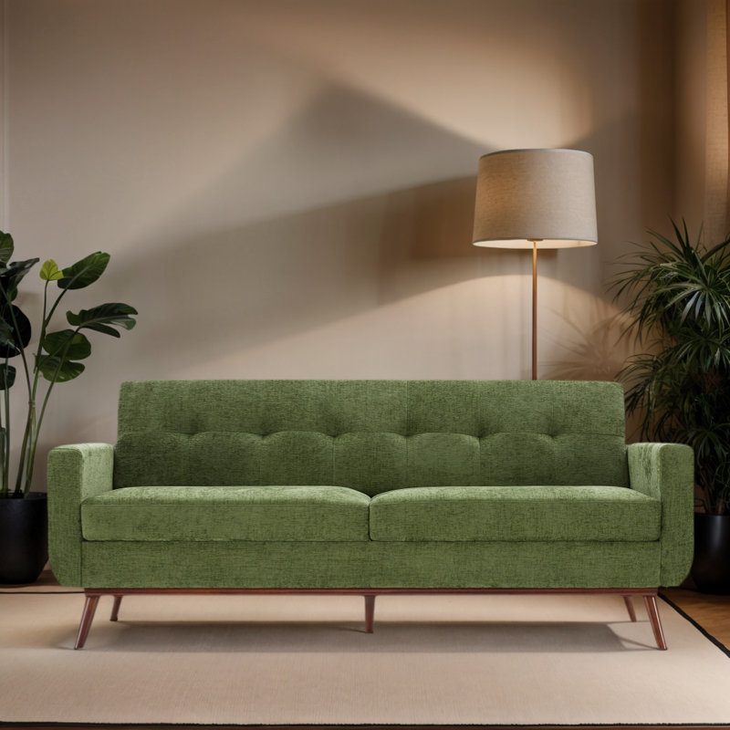 Causeuse 77 po en chenille vert olive 77 po avec pieds en bois pour salon Mid-Century