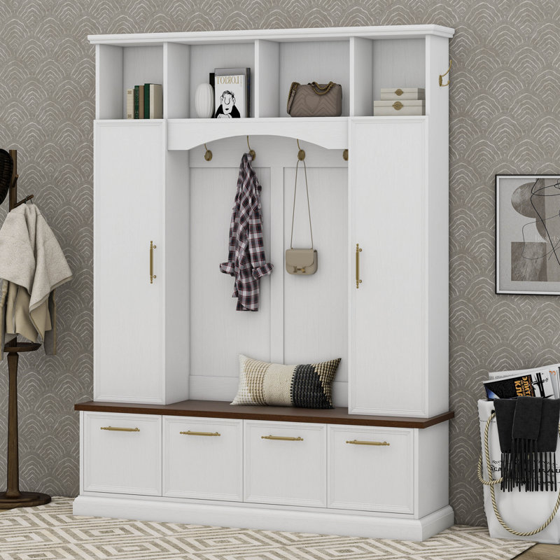 Farmhouse Hall Tree With Golden Hooks & Bench, Adjustable Shelves, White
