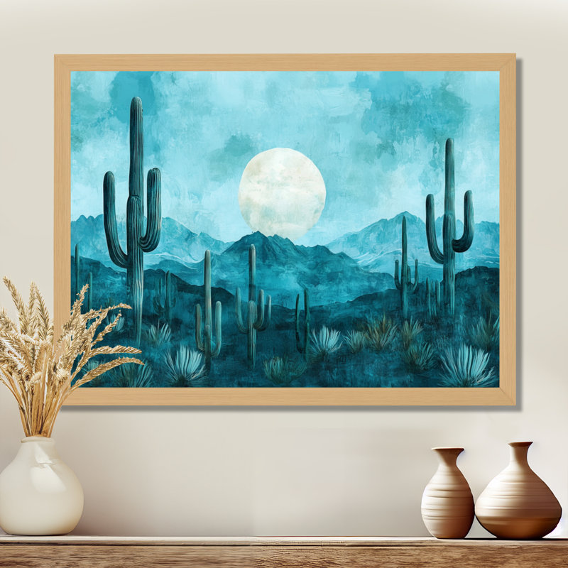 Tableau encadré Cactus Teal Desert Moonlight Breeze, H 30 po x l 40 po, Natural Picture Framed