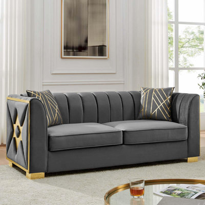 Canapés de luxe et canapés en velours de salon, canapé gris et or et canapé victorien avec coussin | Acier inoxydable doré (gris, 3 sièges) | Coussin, acier inoxydable doré