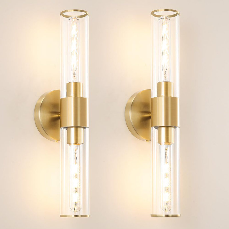 Set Of 2 Hardwired Wall Sconce Lights, Modern Bathroom Vanity Lighting Fixture With Clear Glass Shade, Brushed Brass Finish For Mirror, Hallway, And Bedroom