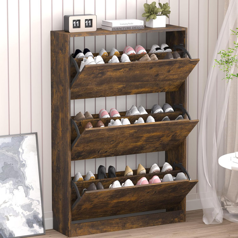 Armoire à chaussures avec 3 tiroirs rabattables, armoire à chaussures en bois cachée, armoire de rangement à chaussures autoportante pour le vestibule