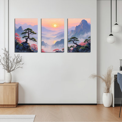 Paysage de montagne avec pins et cerisiers en fleurs au coucher du soleil, toile tendue sur châssis (lot de 3)