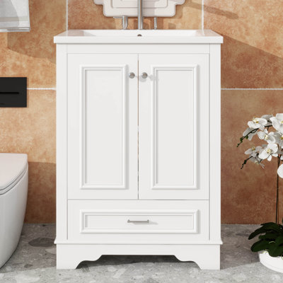 Meuble-lavabo 24 po avec lavabo en céramique, armoire de rangement autoportante moderne avec poignées et portes à fermeture silencieuse