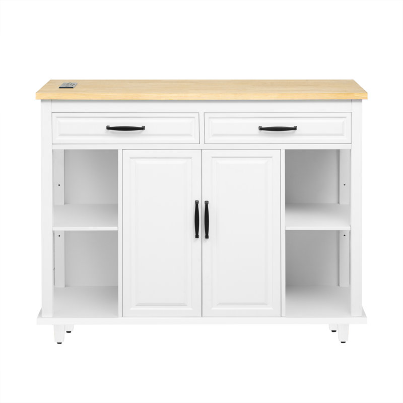 47 - Inch Kitchen Cart With Extendable Table, Rubber Wood Veneer Top, Adjustable Shelf Units, Soft Close Drawer Mechanisms Shelving, Hinges