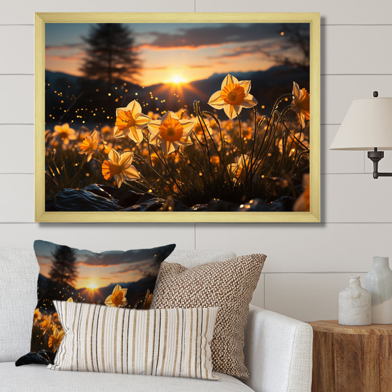 Daffodils Field Sunset I - impression, Cadre doré à une seule photo, H 24 po x l 32 po x P 1 po