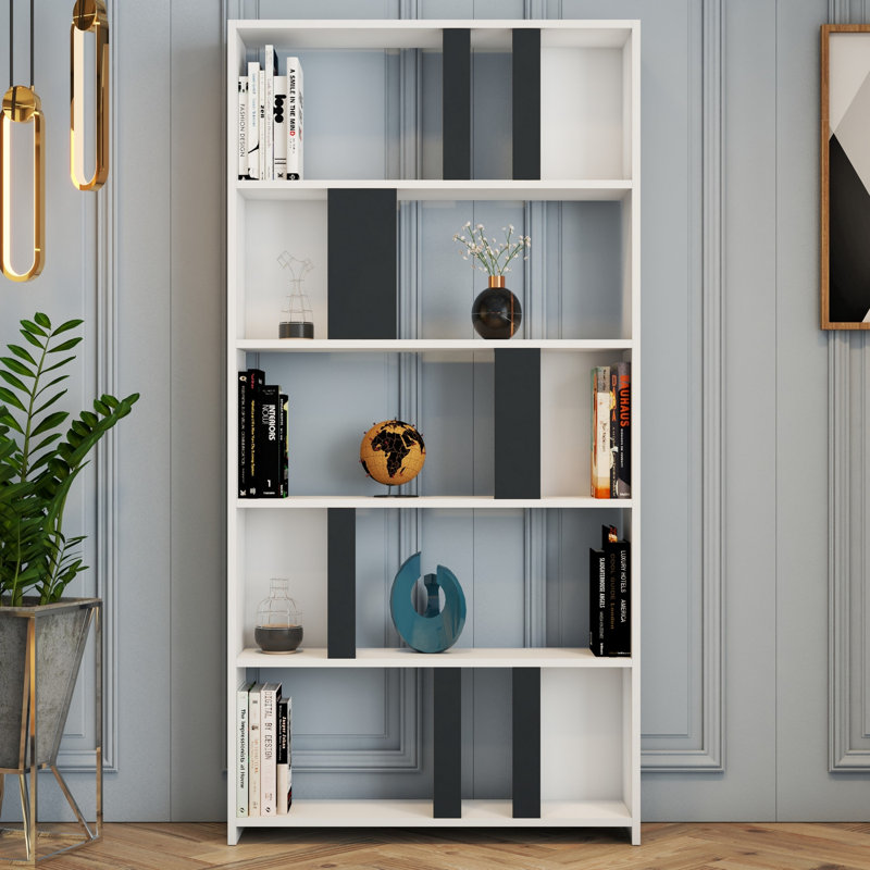 Modern White & Anthracite Bookshelf, 35.4 x 70.9 x 7.9 inches | 100% Melamine Coated Particle Board, Thickness: 0.7 inches | Numerous Shelves, Wall-Mountable Design | Stylish & Functional Storage Solution for Home or Office