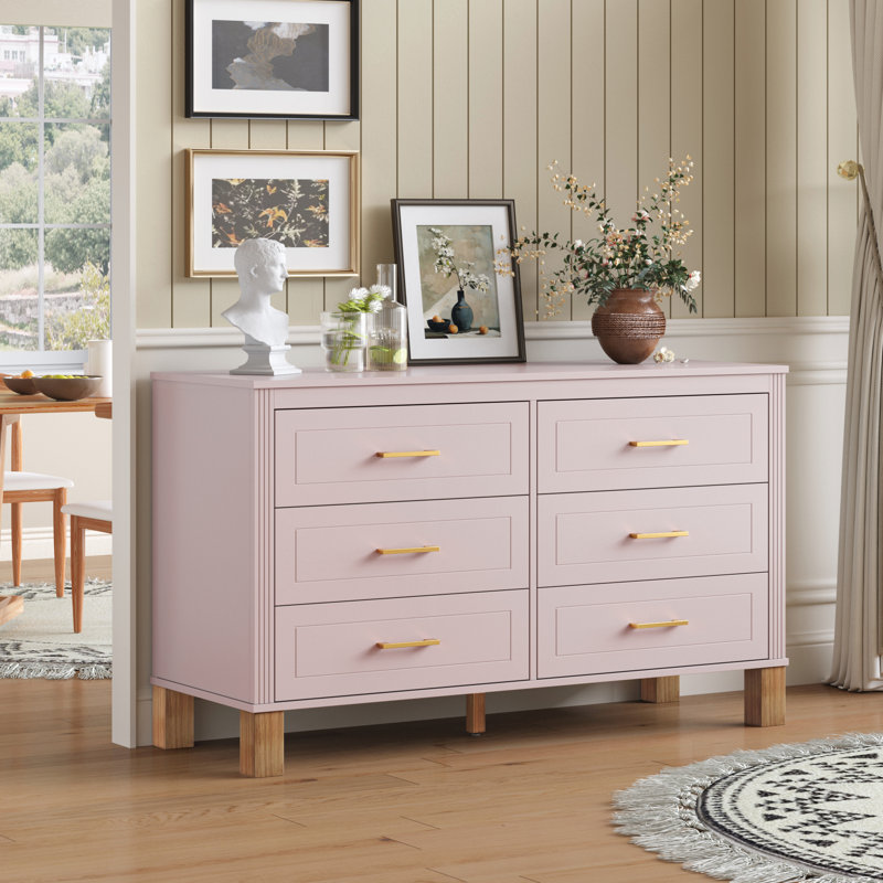 Commode double 6 tiroirs en blanc, rangement moderne Alesia avec poignées en métal et pieds en bois massif, organisateur en bois robuste pour enfants et adultes