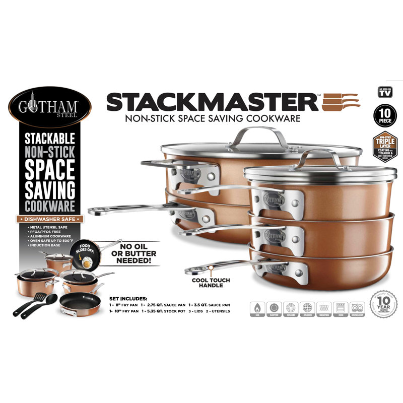Gotham Steel Stackable Space Saving 10 Piece Aluminum Nonstick Cookware Set with Utensils, Copper