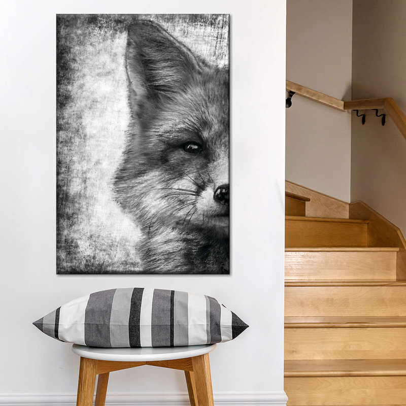 Visage de renard noir et blanc sur toile, H 24 po x l 16 po