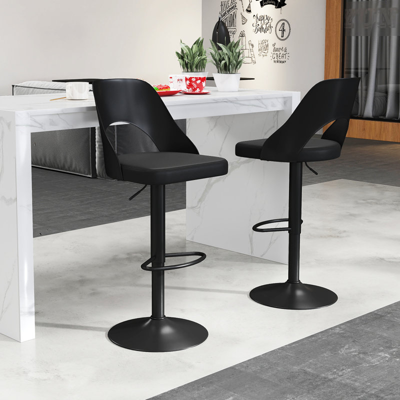 Ensemble de 2 tabourets de bar avec siège en cuir de polyuréthane et repose-pieds pivotant noir, Noir, 2