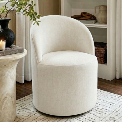 Small Linen Upholstered Rolling Barrel Swivel Chair With Hidden Casters