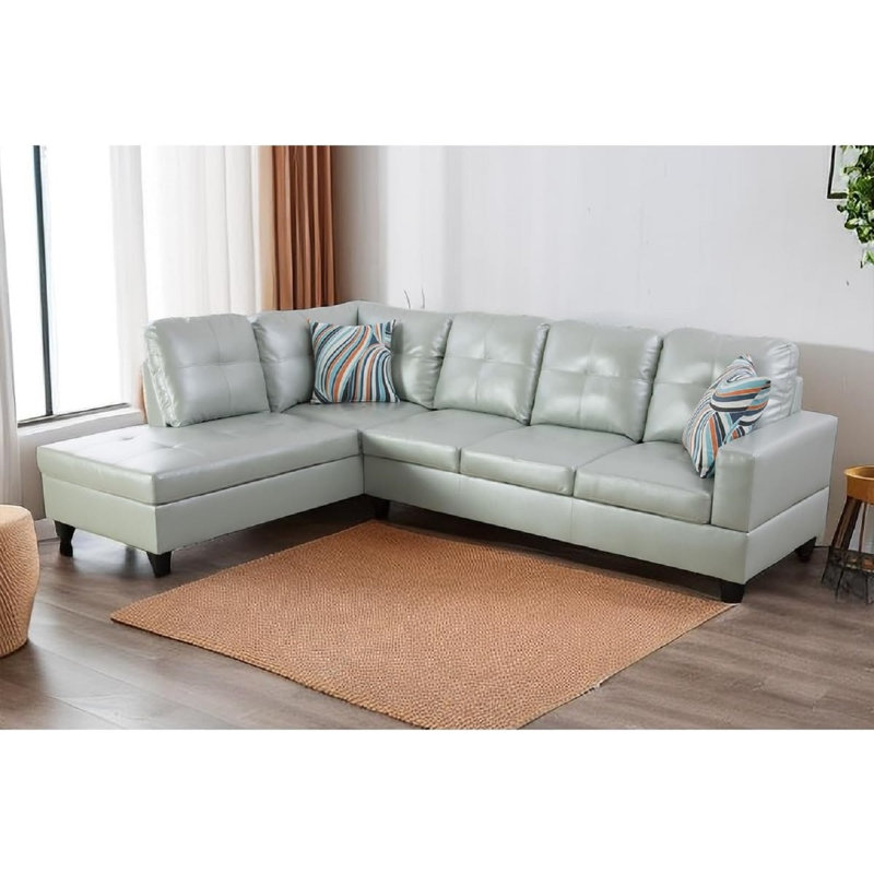 Bawan Faux Leather L-Shaped Sectional, Left Hand Facing, Silver/Green Faux Leather