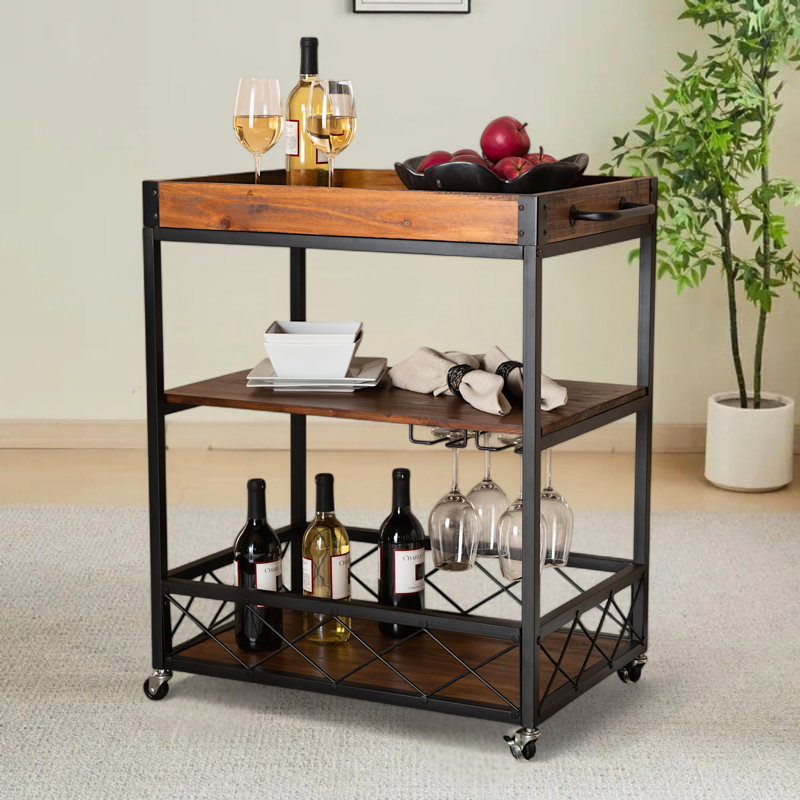 Capri Rustic Oak and Black Metal Mobile Bar Cart with Wine Storage