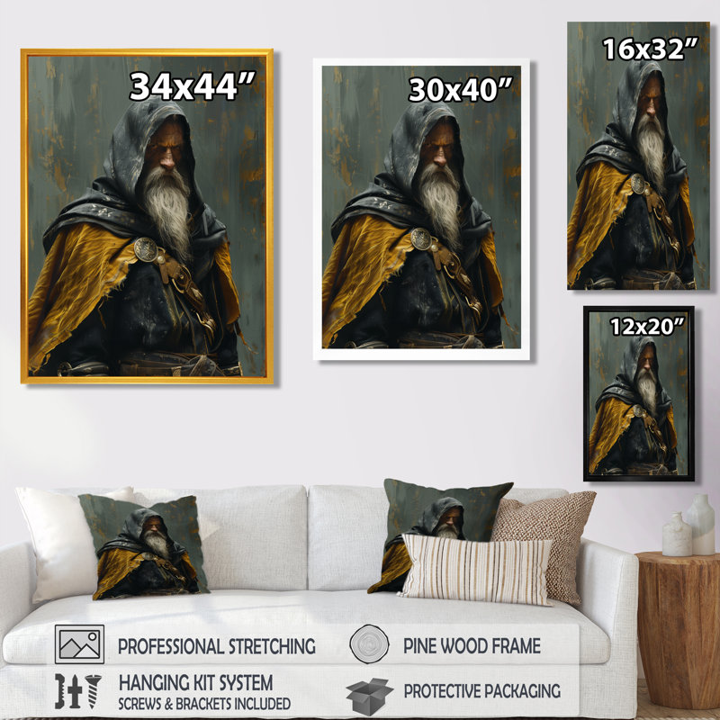 Décoration murale magicien viking jaune et gris, Cadre flottant brun, H 16 po x l 32 po