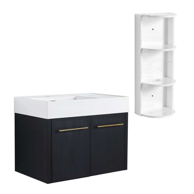 Armoire de salle de bain de 30 pouces avec lavabo en résine à rebords épais, capacité de rangement à double porte, charnières à fermeture en douceur, et trois supports séparés, meuble-lavabo de couleur châtaignier noir, espace, assorti