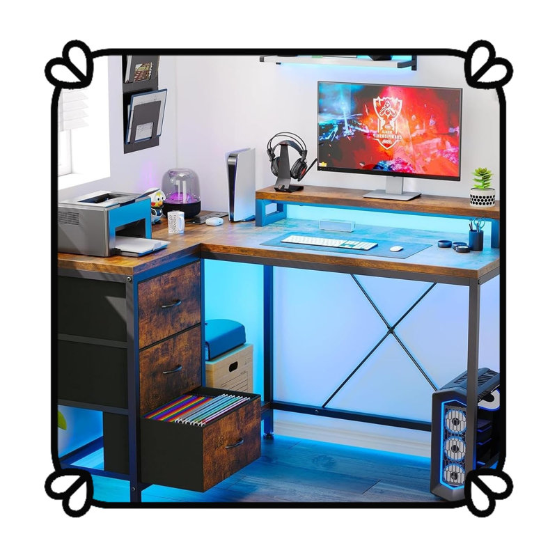 Ergonomic L-Shaped Computer Desk with 4 Power Outlets, 2 USB Ports, 7-LED Lights, Removable Stand, Drawers & Bookshelf
