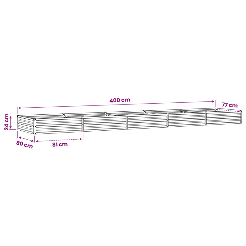 Raised Garden Bed, 24cm H x 400cm W x 80cm D, Silver