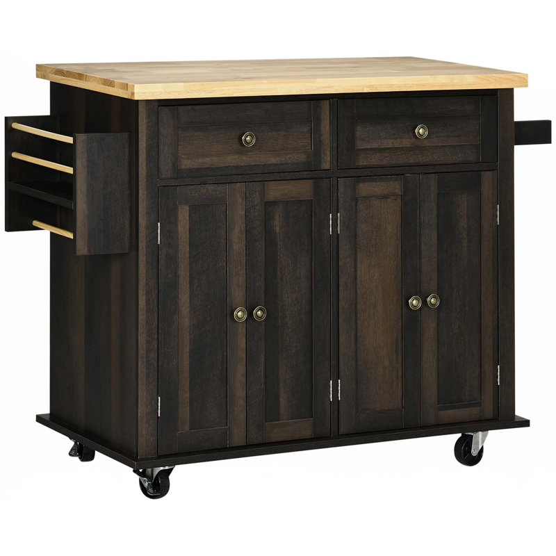 Kitchen Island On Wheels, Rolling Cart With Rubberwood Top, Spice Rack, Towel Rack And Drawers, Brown Oak