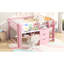Lit mezzanine bas rose pleine grandeur avec bureau intégré, trois compartiments de rangement, tablettes ouvertes, caractéristiques et armoires à conception compacte