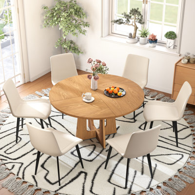 Round Dining Table Set 47.24In MDF Table With Upholstered Leather Wide Seat Dining Chairs For Kitchen Dining Room