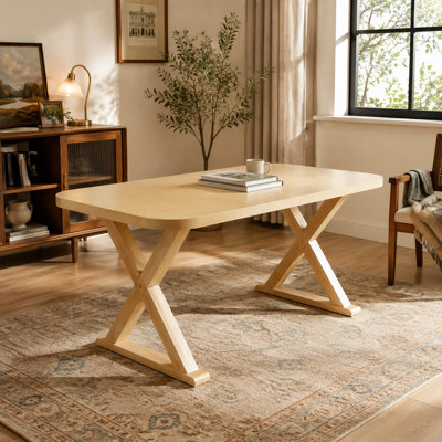 Natural Oak Veneer Dining Table with X-Shaped Rubber Wood Legs, 68.87 Inch Rectangular Surface