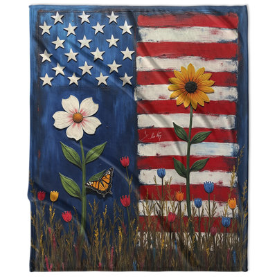 US Flag With Flowers Velveteen Blanket
