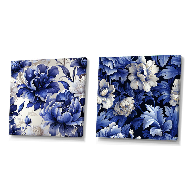 Motif damassé cobalt bleu victorien - ensemble de collage carré floral, Toile tendue, H 36 po x l 73 po