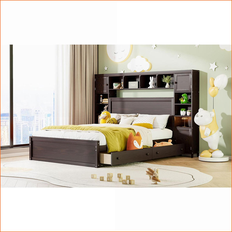 Grand lit plateforme avec rangement en pin et espresso pour chambre à coucher principale, Espresso