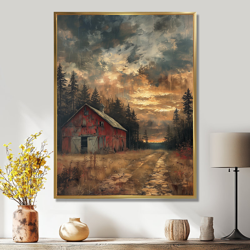 Décoration de grange au trésor gris et rouge d'automne - Grange, H 20 po x l 12 po x P 1 po, Toile avec cadre flottant or