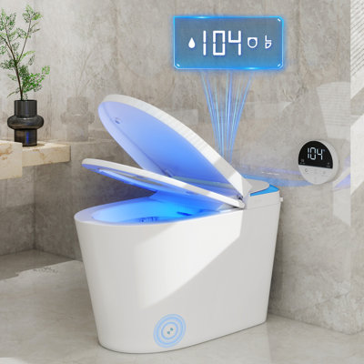 White Smart Toilet  - Automatic Flush, Radar & Foot Sensor Lid, Heated Seat, Bubble Shield, Blue Ambient Light, LED Display & Wireless Remote