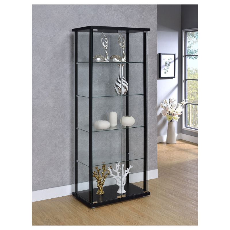 Vitrine à quatre étagères en jacinthe noire avec portes vitrées et quincaillerie chromée