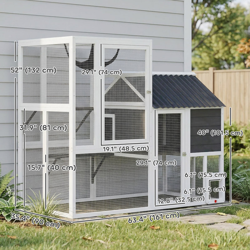 Enceinte d'extérieur pour chat Catio, grande maisonnette L 63 po avec porte à 4 voies
