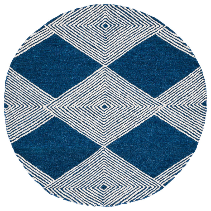 Konopka Geometric Handmade Tufted Wool Navy/Ivory Area Rug, Round 5'