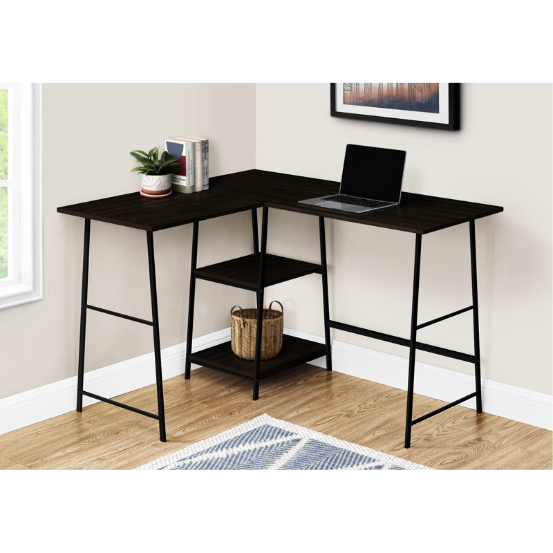 Bureau d'ordinateur en forme de L pour bureau à domicile, l 48 po, stratifié brun, métal noir, avec rangement amélioré, aspect moderne