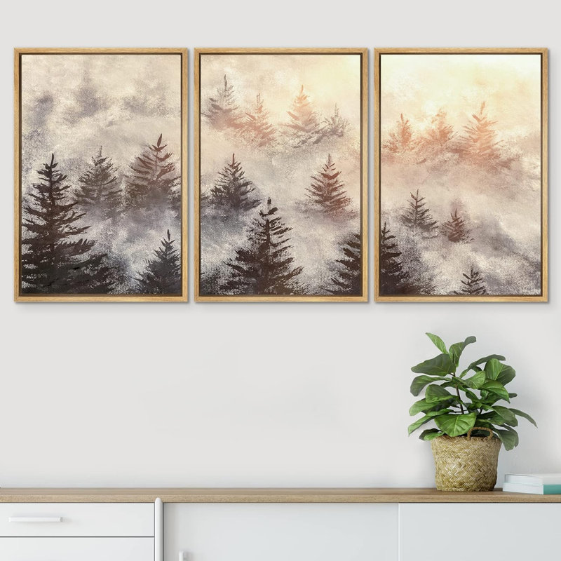 «Misty Pine Forest Mountain Sunrise Nature Floral», impression sur toile 3 pièces, H 24 po x l 48 po x P 1,5 po, Naturel