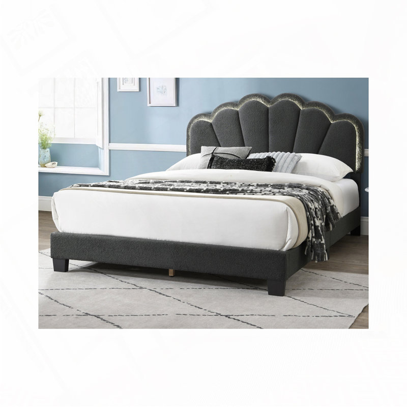 Lit rembourré en laine avec tête de lit à motif floral en laine, Anthracite