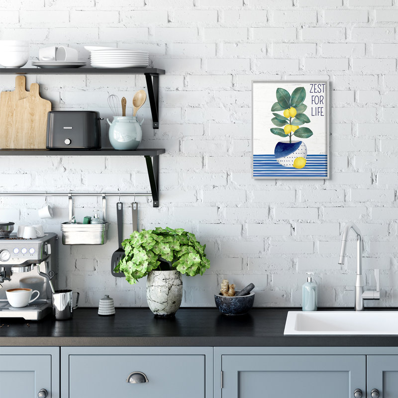 Zest for Life Lemon Plant Blue Stripes par Jennifer Pugh - impression, H 14 po x l 11 po, Estampe numérique Farmhouse