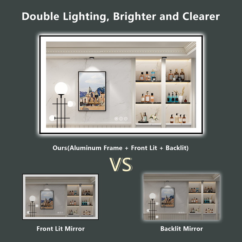 Tyeishia Matte Black Matel Framed LED Bathroom Mirror with Front-lit and Back-lit, Memory Function, 3 Color Temperatures & Dimmable Light, Anti-fog Tempered Glass