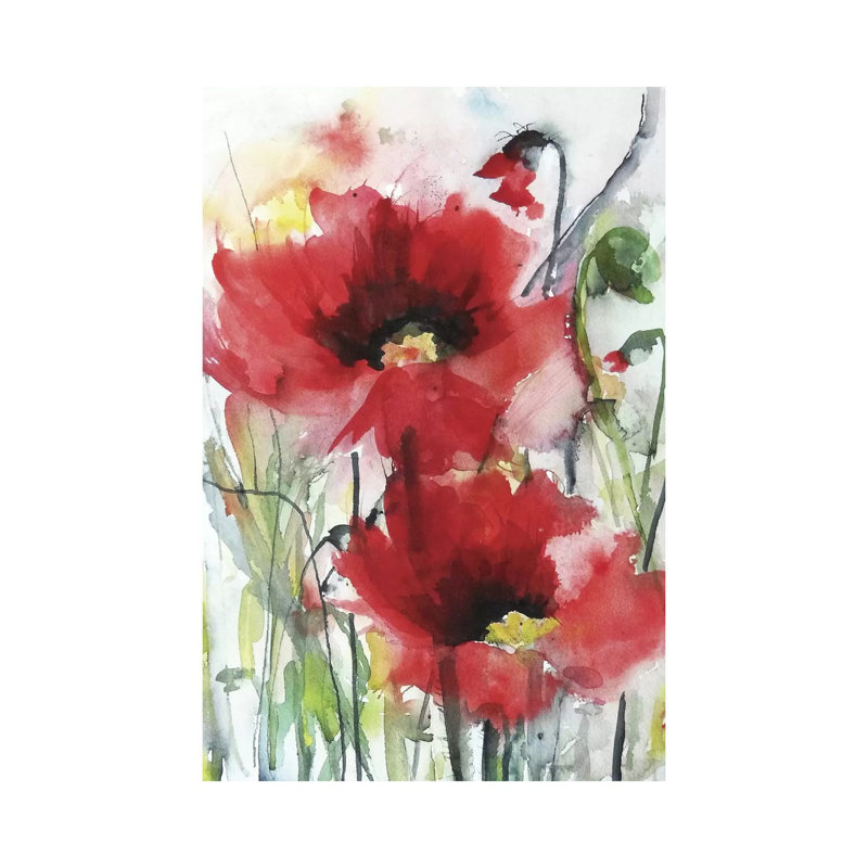 «Red Poppies» par Karin Johannesson - impression d'art graphique, H 40 po x l 26 po x P 1,5 po, Toile tendue