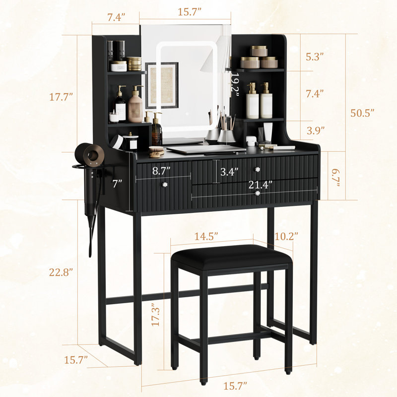 Meuble-lavabo cannelé avec miroir lumineux, tabouret et prise de courant, Noir