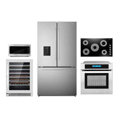 Cosmo 5 Piece Kitchen Appliance Package with French Door Refrigerator 36'' Electric Cooktop Built-In