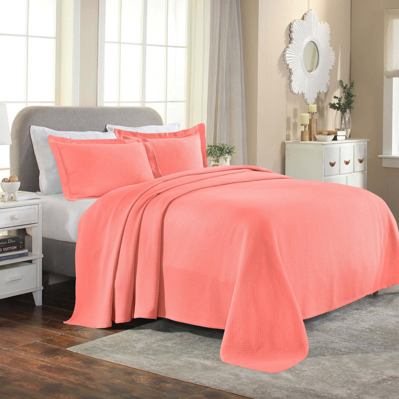 Superior Solitaire Waffled Matelassé Bedspread Set with Shams, Queen Bedspread + 2 Shams, Coral