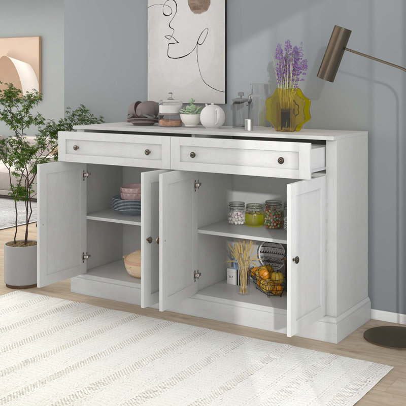 Console en bois 2 tiroirs, 4 portes réglables, Blanc antique
