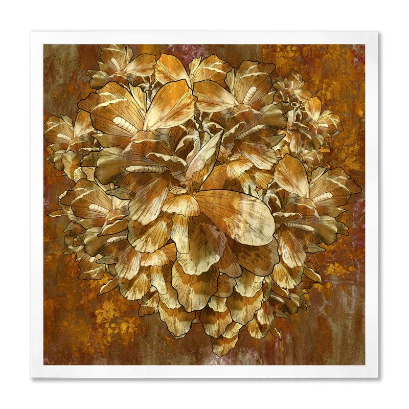 Abstrait fleur d'or grunge abstraite - œuvre d'art traditionnelle sur toile, H 16 po x l 16 po x P 1 po