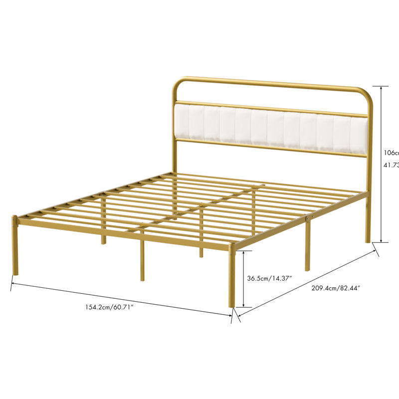 Structure de lit plateforme en métal et acier avec tête de lit respirante pour grand lit - Beige + grand or fonctionnel