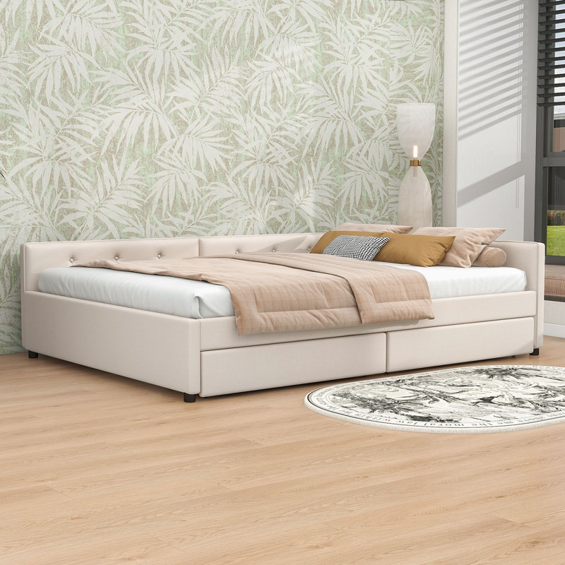 Zharia Upholstered Daybed with USB and Storage Drawers, Queen