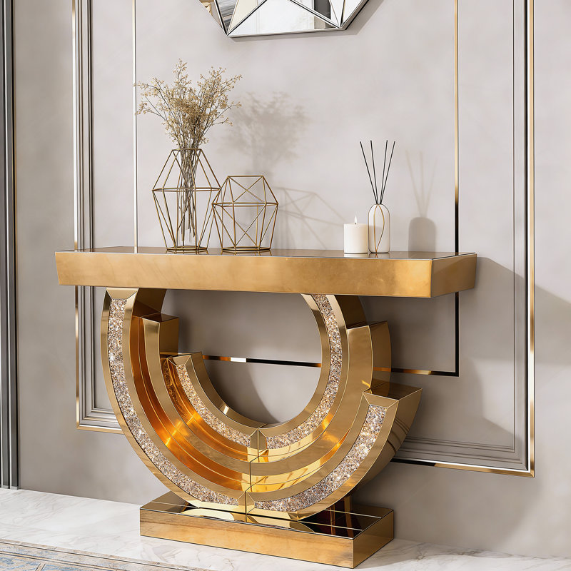 Nouvelle conception de la table d'entrée en miroir à miroir en diamant écrasé avec incrustation de losanges longue table d'appoint en verre pour la décoration intérieure